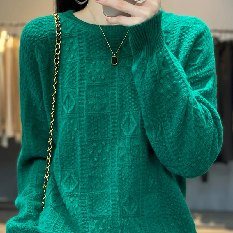 加厚加厚100纯羊毛女圆领浮雕加厚休闲时尚毛衣RS2408