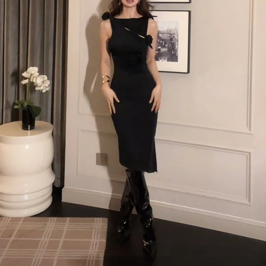 WANGZI玫瑰花弹力气质设计师款连衣裙