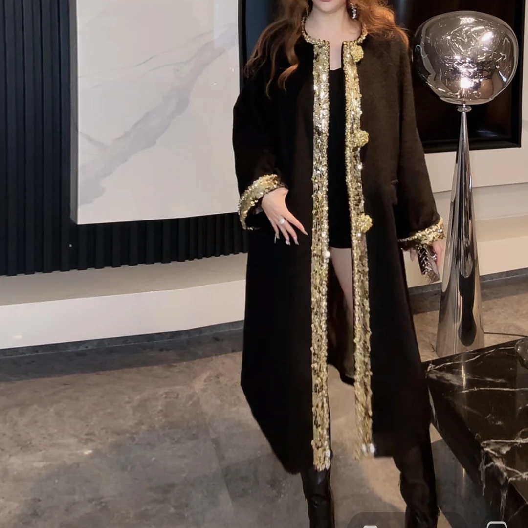 【王子私服】奢华重工高奢质感黑金高级配色羊毛大衣外套