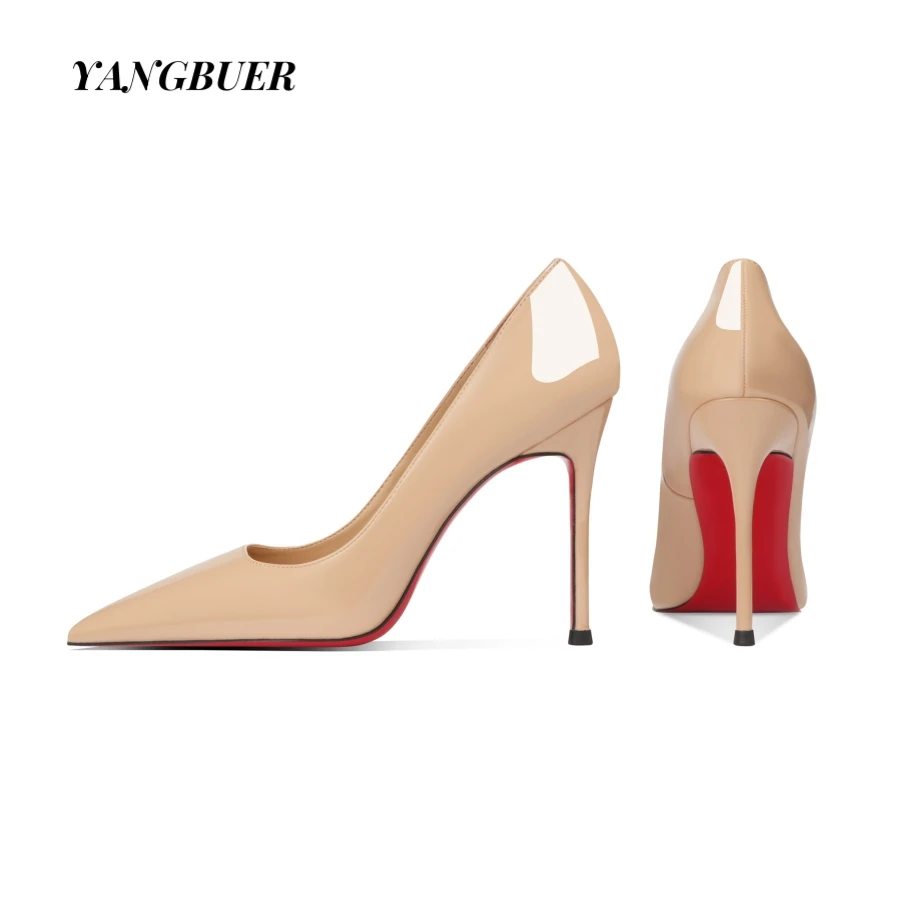 裸色漆皮红底高跟鞋女尖头浅口细跟单鞋法式性感百搭通勤工作鞋子