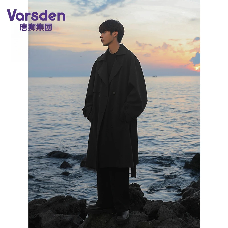 唐狮集团Varsden春秋韩系风衣男士休闲帅气翻领双排扣中长款外套
