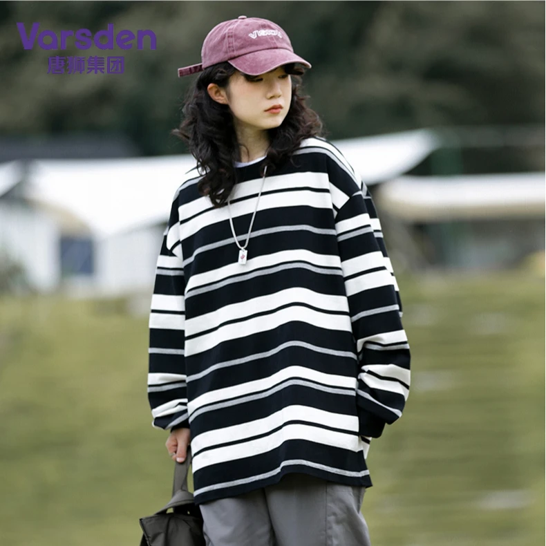 唐狮集团Varsden纯棉条纹卫衣男女同款春秋宽松潮流情侣百搭长袖