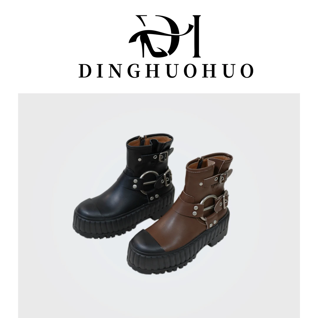 【鼎火火】7cm•牛皮•厚底马丁靴百搭增高松糕短筒靴子英伦显瘦