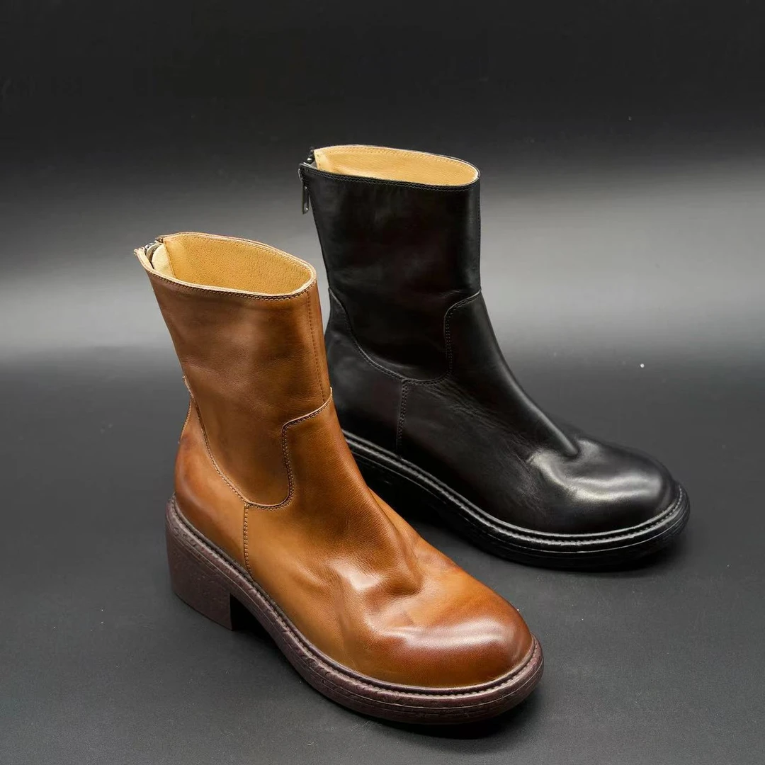 【鼎火火】6cm•牛皮•粗跟切尔西靴女复古英伦短靴工装马丁靴子