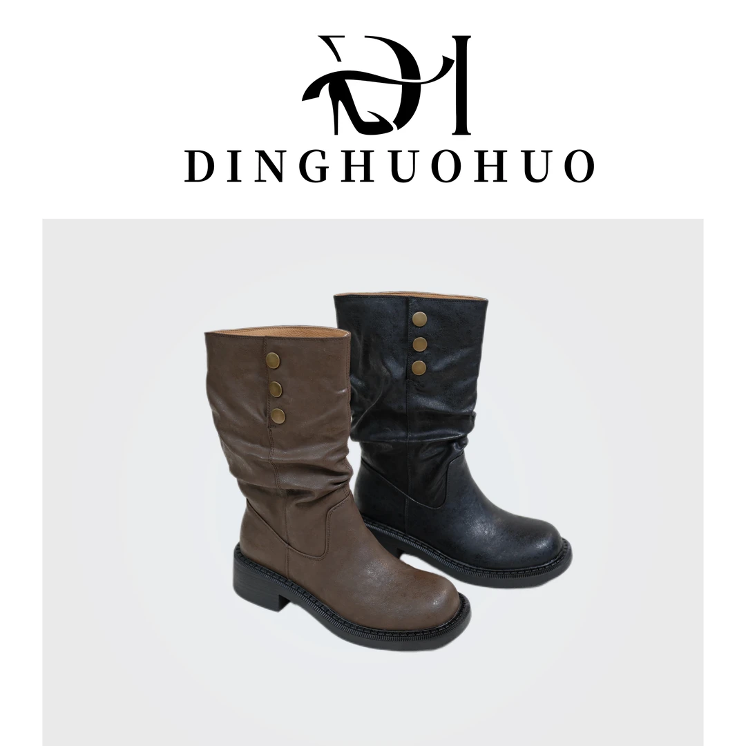 【鼎火火】4.5cm•牛皮•粗跟法式显瘦骑士复古褶皱堆堆显瘦单靴