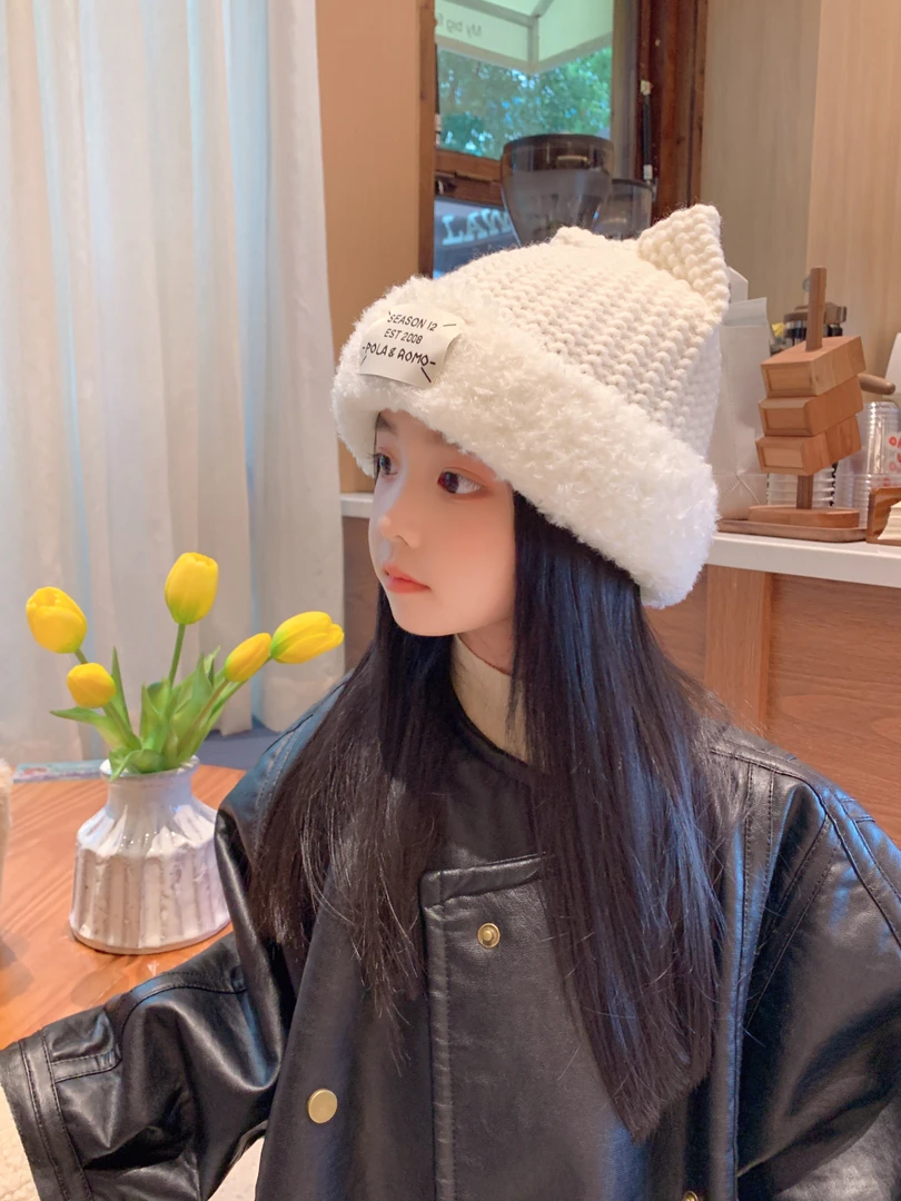 帽子女冬季新款韩国可爱猫耳朵针织保暖护耳亲子防风帽儿童毛线帽