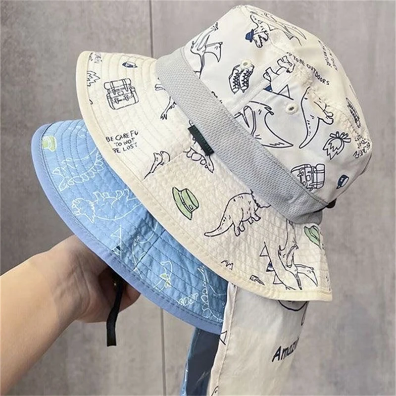 韩版儿童帽子百搭恐龙涂鸦帽春夏季盆帽可拆卸遮阳帽宝宝渔夫帽