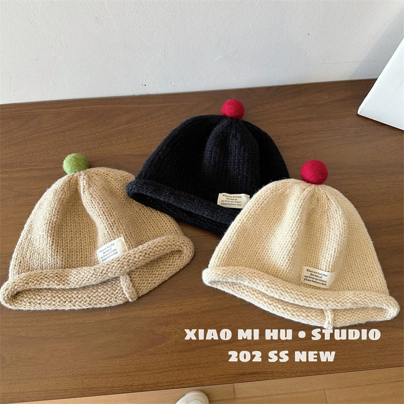 宝宝帽子秋冬款针织毛线帽冬季儿童卷边瓜皮帽保暖套头帽韩版ins