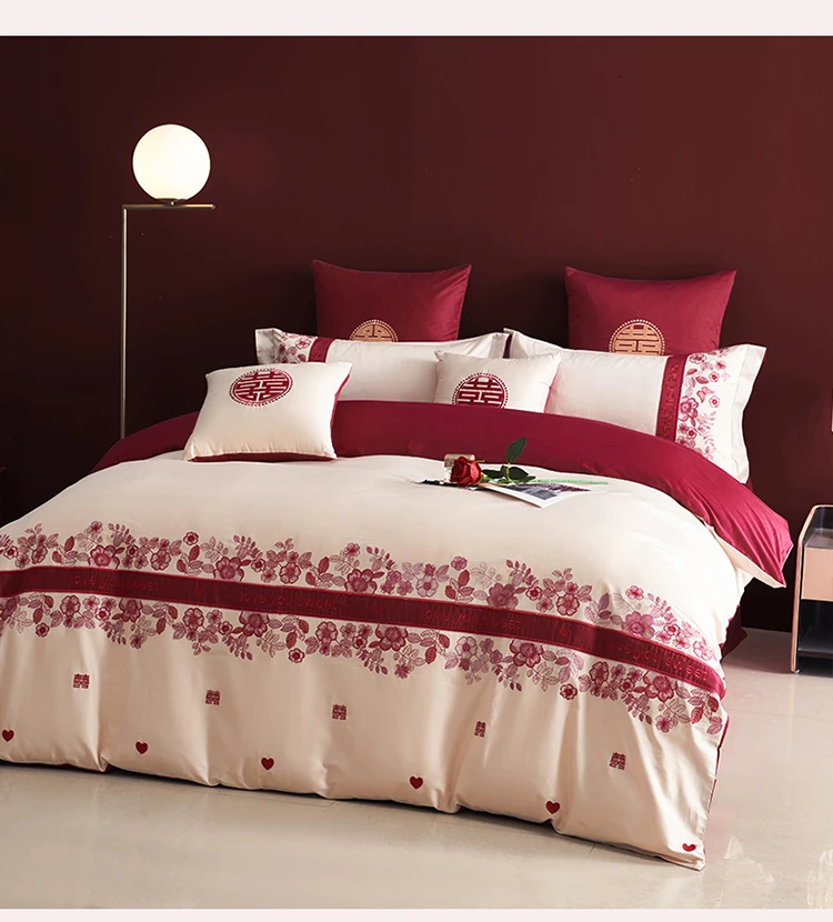 水星家I纺高档160支长绒棉轻奢中式婚床四件套纯棉欧式大红色床品