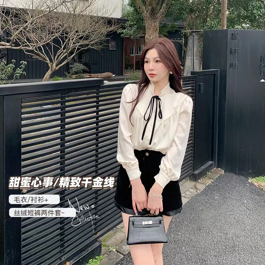 金蘑菇菇 甜蜜心事/精致千金线 时尚法式毛衣衬衫丝绒短裤套装女