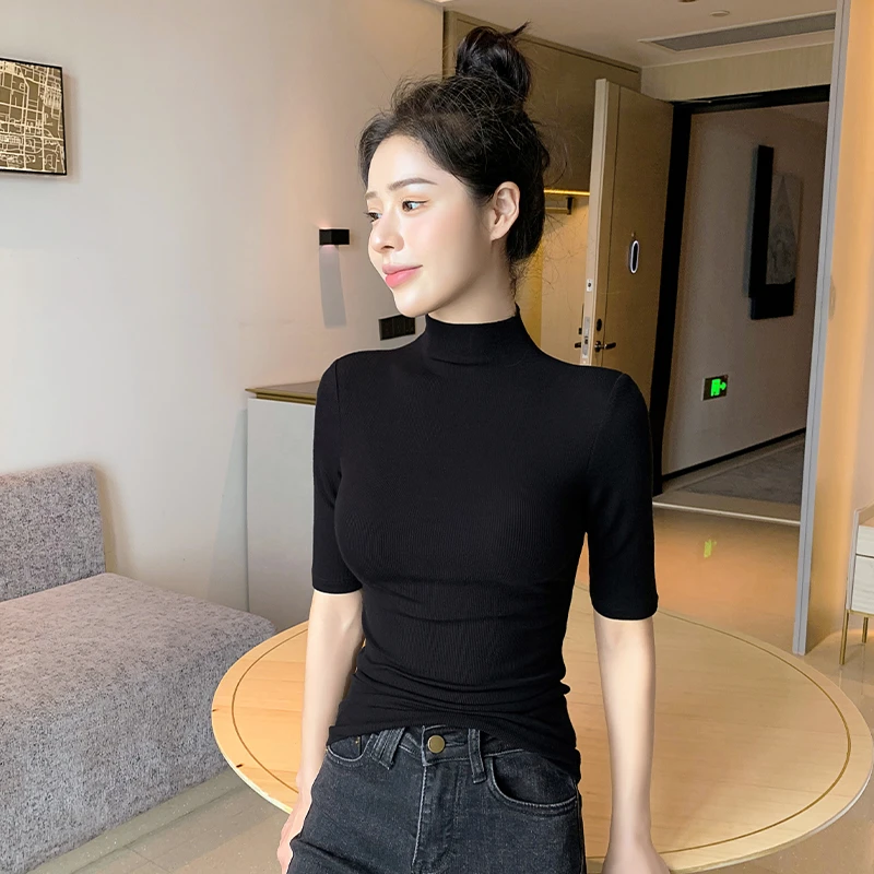 黑色半高领螺纹中袖五分袖t恤女2025夏季修身百搭高档打底上衣女