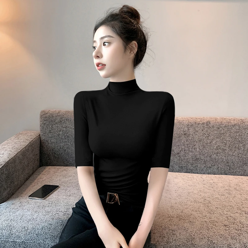 莫代尔黑色半高领中袖五分袖t恤女2025夏季打底衣女内搭春秋款