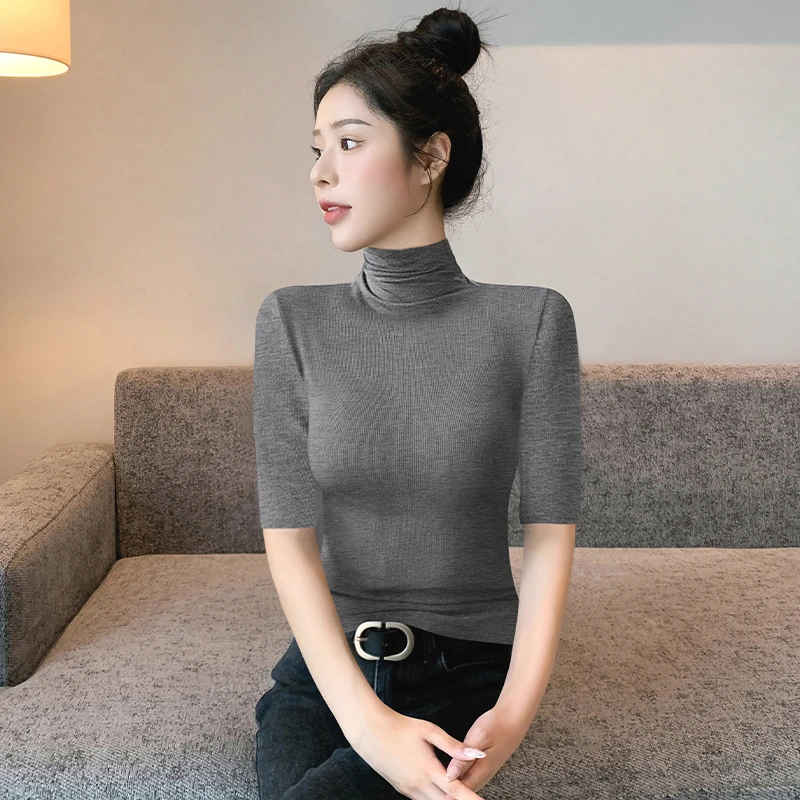 黑色螺纹高领五分袖t恤女内搭开春修身显瘦洋气纯色百搭打底衫女