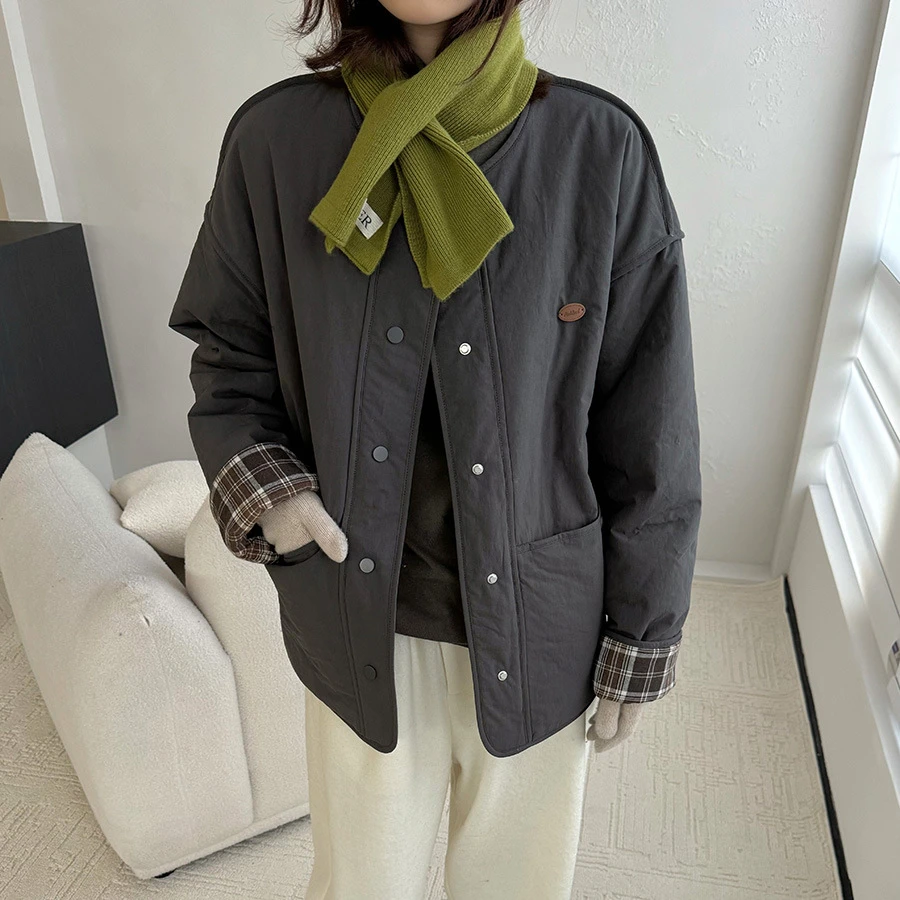 黎诺韩系简约拼格夹棉外套女2024秋冬新款复古百搭宽松显瘦棉服