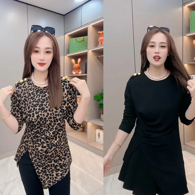 欧洲站早秋新款圆领纯色不规则开叉设计T恤洋气百搭时尚女款上衣