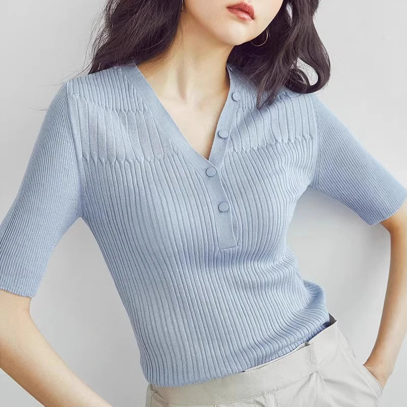 v领冰丝针织衫女夏季短袖薄款显瘦洋气中袖百搭套头修身五分上衣