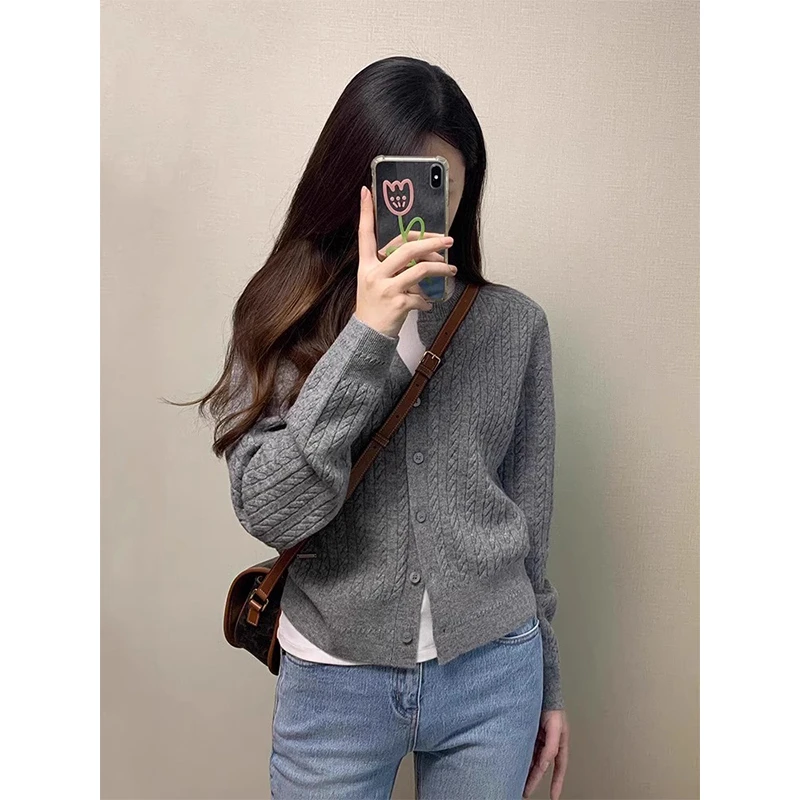 麻花长袖针织衫圆领开衫女2025新款冬季毛衣外套秋冬气质休闲上衣