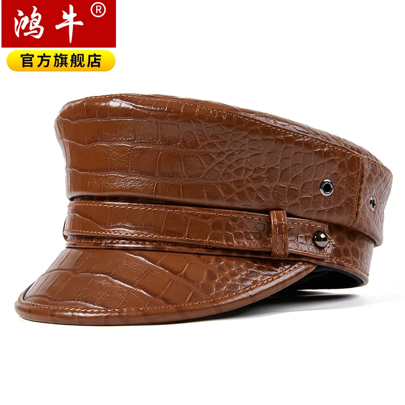 【上新】春秋冬真皮帽子男女牛皮鳄鱼纹鸭舌帽韩版中青年平顶帽潮