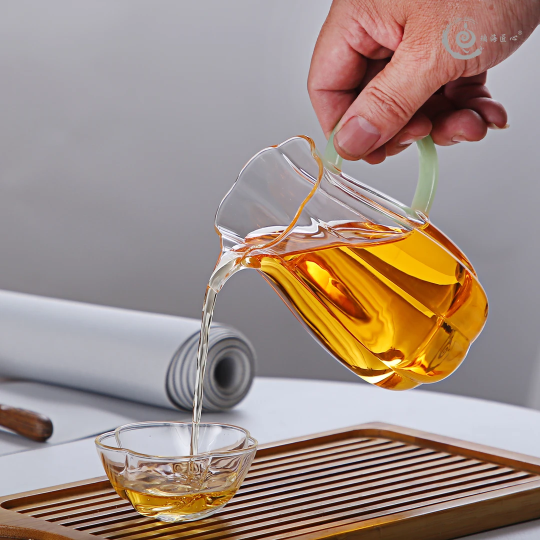 明尚德璃海匠心LGD053梅花公道杯高硼硅耐热玻璃手工透明过滤茶道
