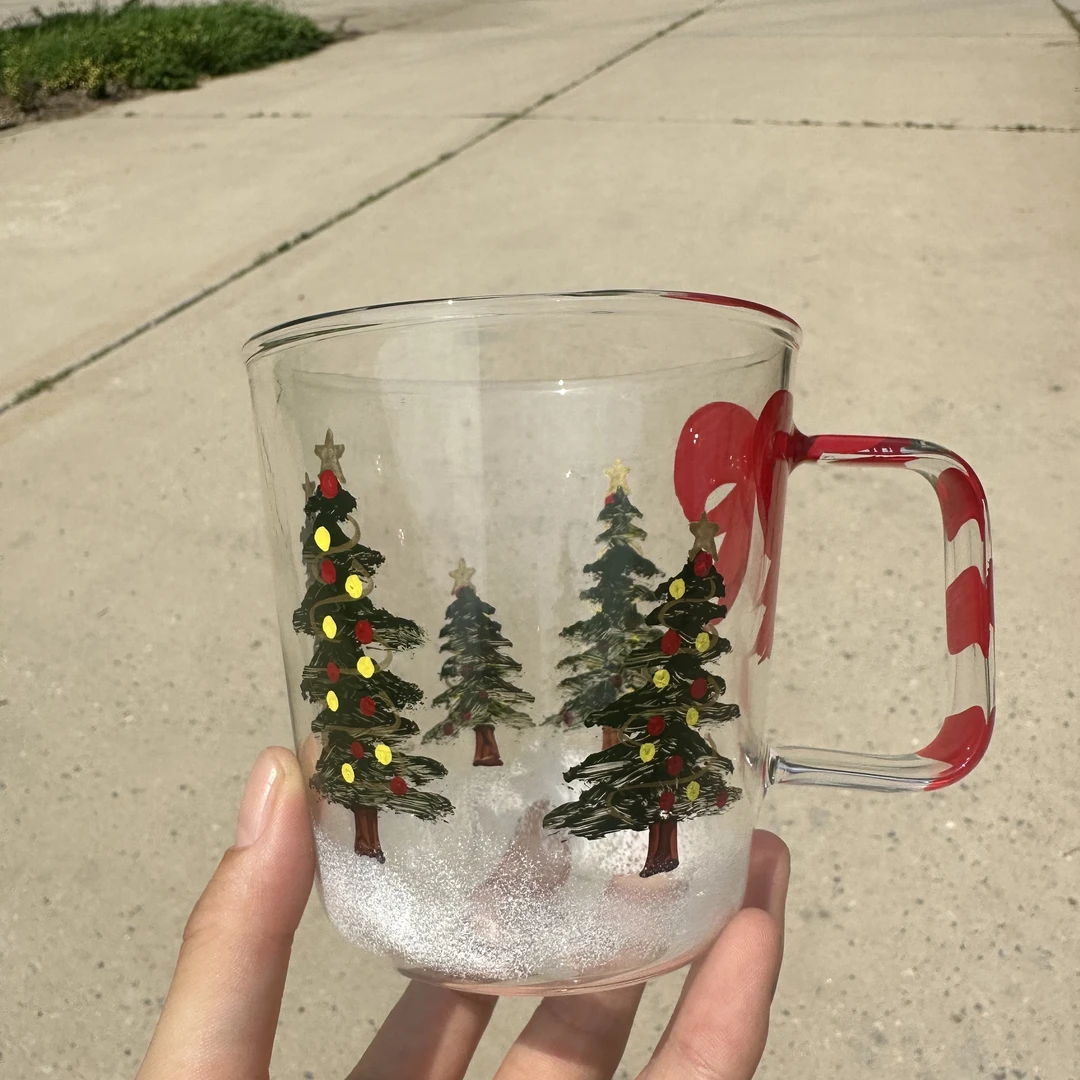 明尚德圣诞图案节日带把手杯子高硼硅耐热玻璃杯