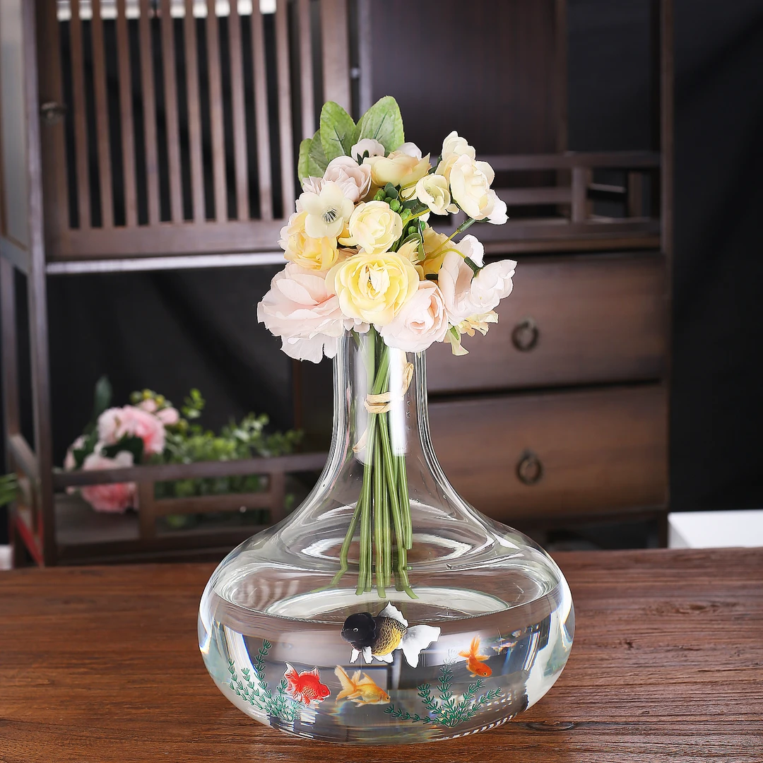 明尚德福利款双鱼花瓶鱼缸高硼硅玻璃家用大容量落地花器轻奢高档