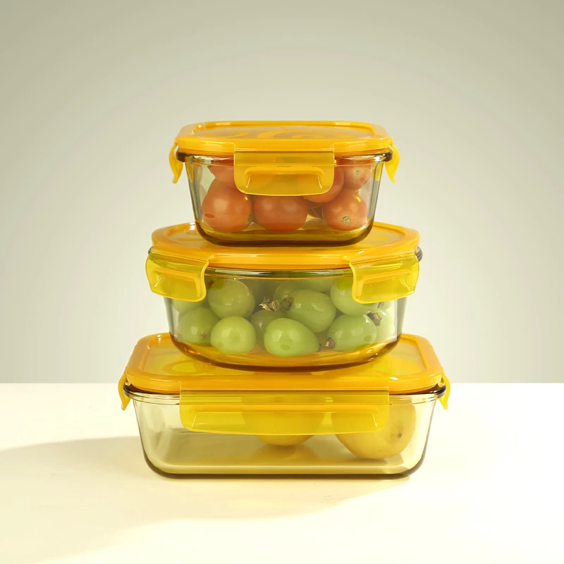 明尚德琥珀色保鲜盒饭盒四只装高硼硅玻璃可微波炉加热上班族必备