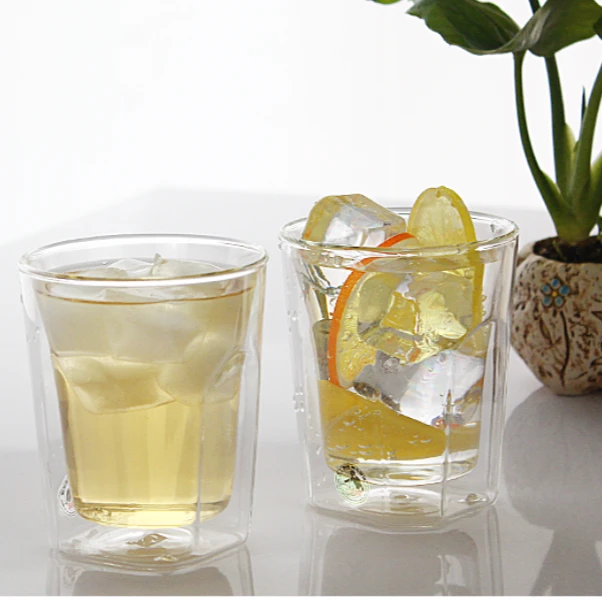 明尚德福利款棱角双层杯双支装透明家用创意加厚无铅喝水杯耐热