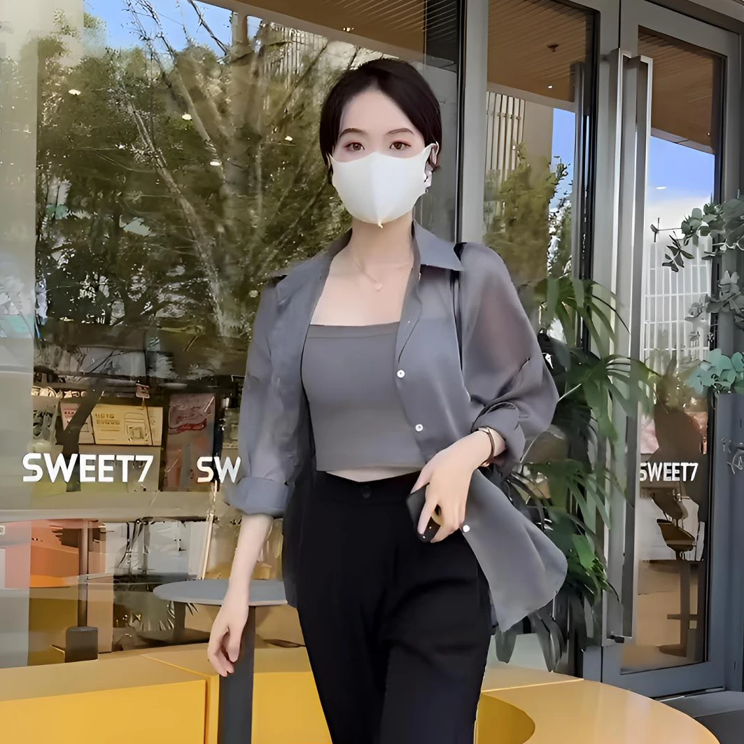 （送背心）夏季珠光纱防晒衣衬衫女款外穿衬衣中长款宽松长袖上衣
