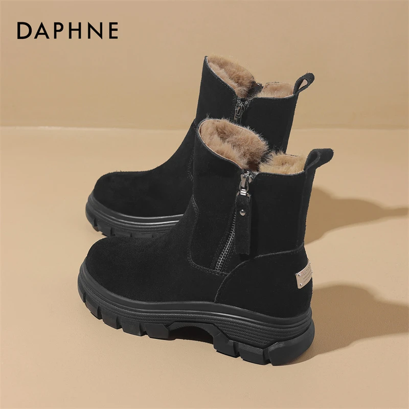 达芙妮黑色加绒加厚雪地靴女款2025新款冬季时尚绒面马丁靴棉鞋子
