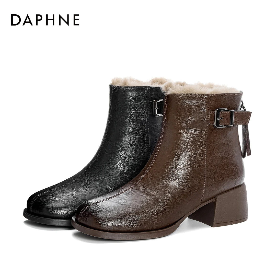 达芙妮粗跟气质短靴2025冬季上新皮带扣小个子韩版加绒保暖马丁靴