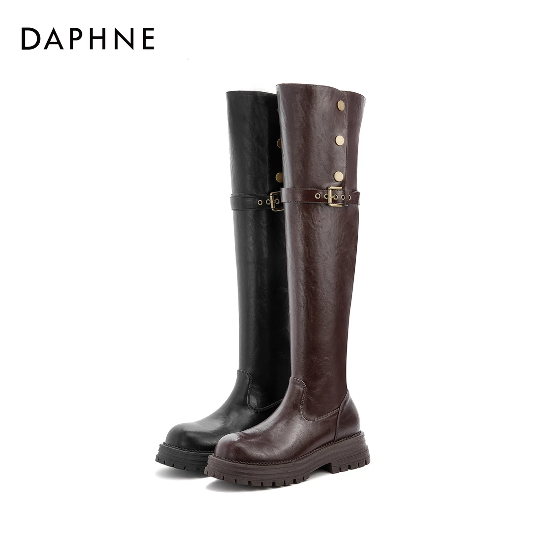 达芙妮2025秋冬上新厚底过膝长筒靴两穿百搭复古粗跟骑士靴长筒靴