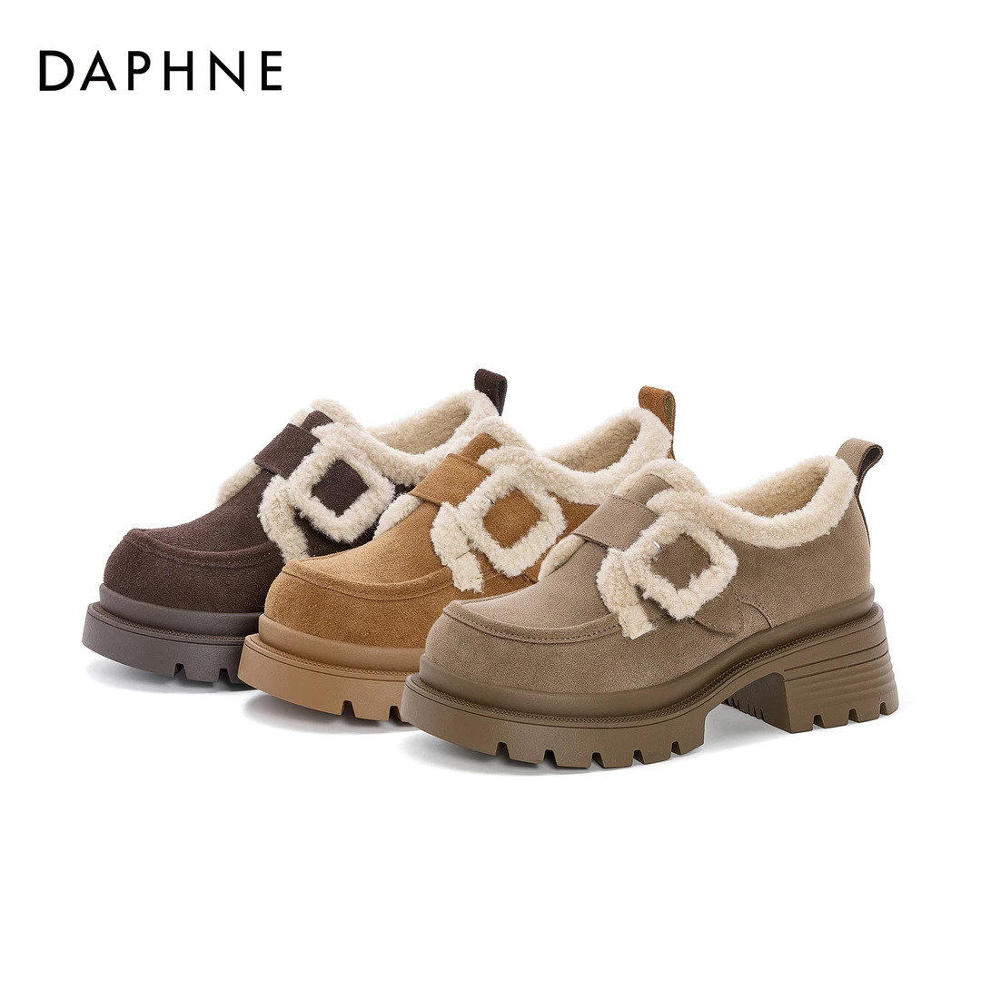达芙妮厚底雪地靴高跟女款25秋冬上新加绒保暖粗跟毛毛鞋乐福棉鞋