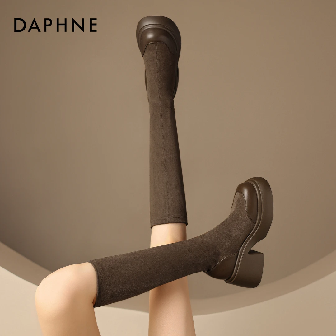 达芙妮时尚厚底长靴过膝长筒高筒女鞋单靴时尚厚底骑士靴粗跟百搭