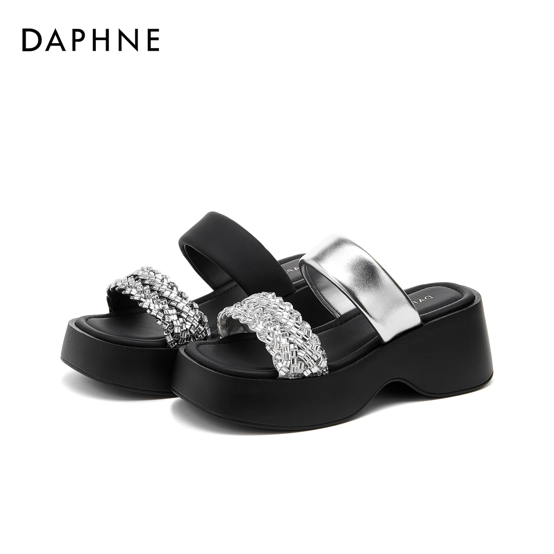 达芙妮夏季厚底增高高级厚底外穿拖鞋网红百搭坡跟水钻水晶透明