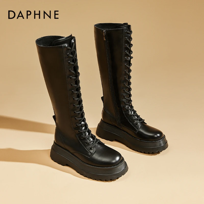 达芙妮秋季女时装靴时尚百搭小个子厚底过膝长筒系带骑士靴【正品】