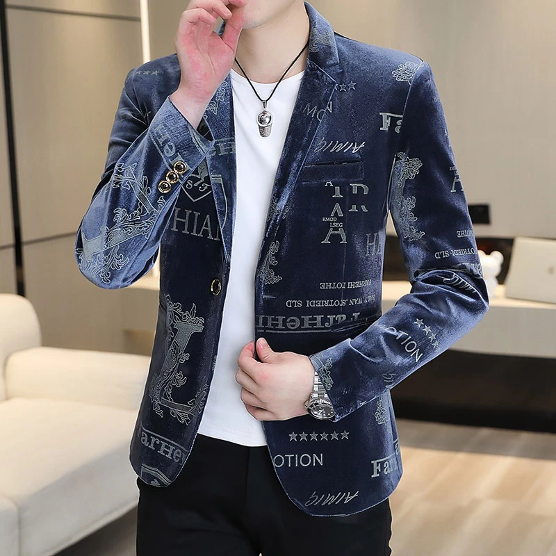 2023年春秋季新款金丝绒西服男修身时尚个性发型师潮流小西装外套