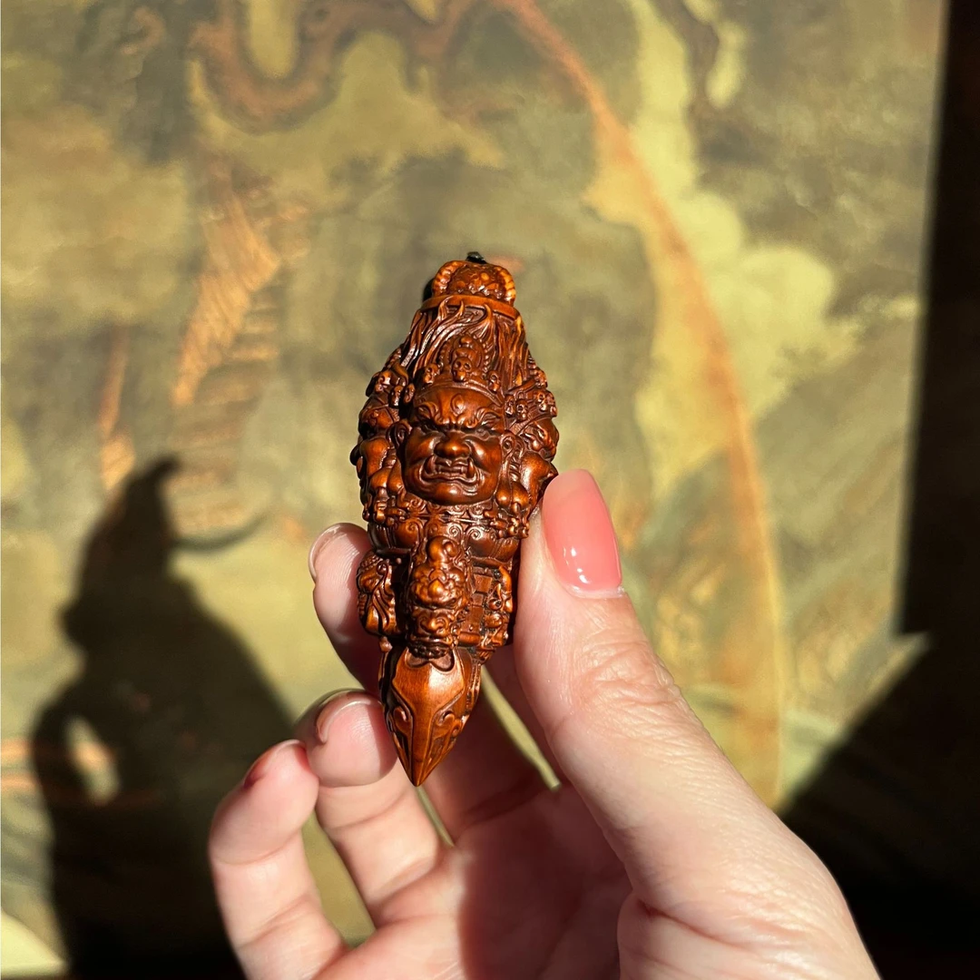 黄杨木仿古精工大黑天降杵杵挂件 钥匙扣挂饰7公分