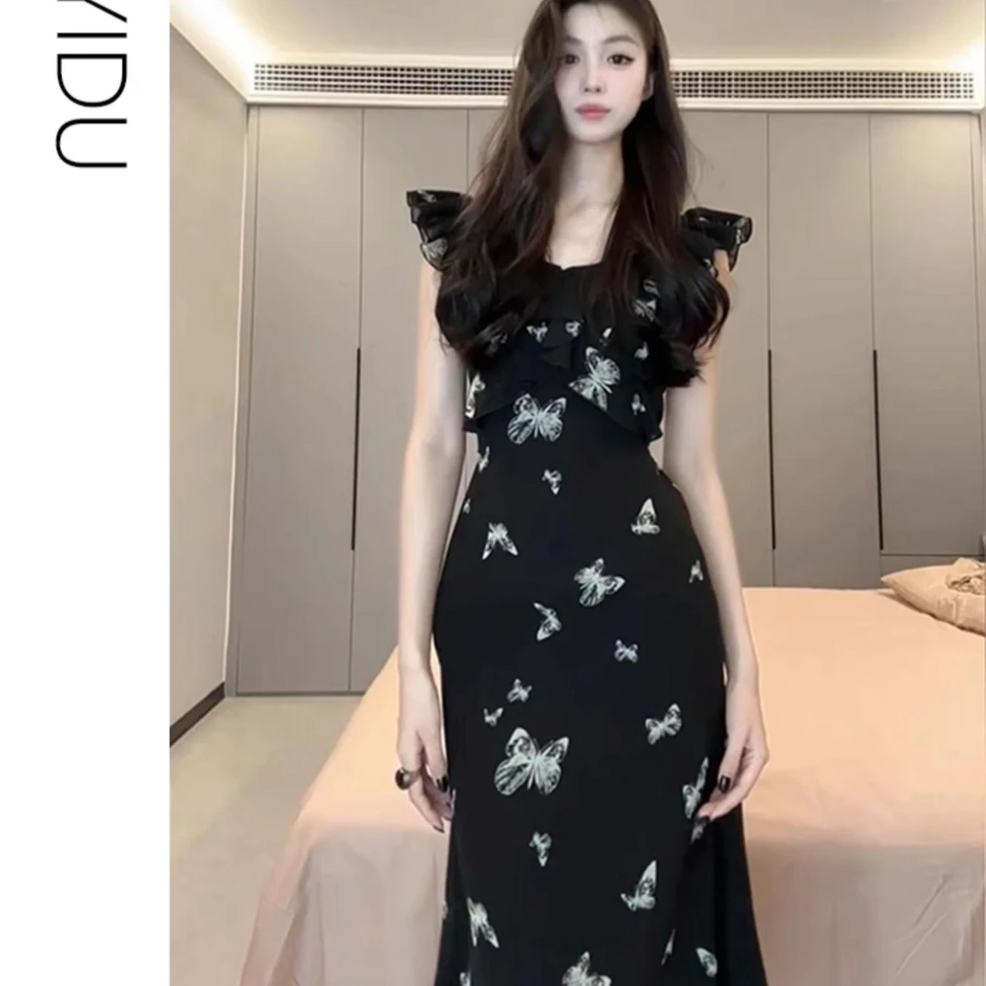 飞飞袖蝴蝶印花方领连衣裙黑色收腰中长款显瘦气质无袖连衣裙女夏