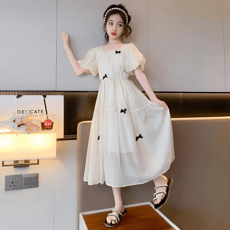 女童夏季雪纺白色2025新款儿童洋气时髦泡泡袖中大童网红公主裙