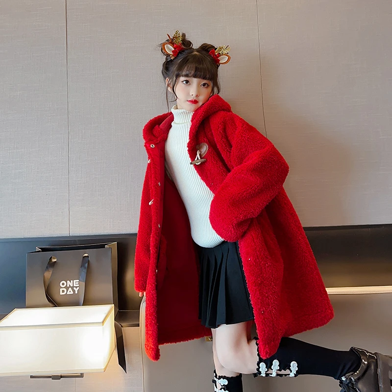 女童外套加厚秋冬装2023新款洋气中长款上衣中大儿童羊羔毛大衣潮