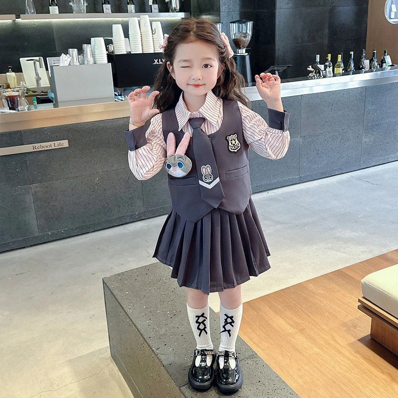女童学院风套装秋装儿童jk制服百褶裙三件套宝宝朱迪兔子警官衣服