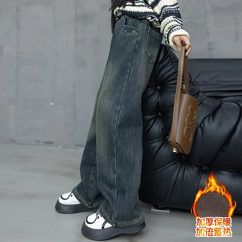 女童冬季牛仔裤2023新款洋派时髦中大童小女孩直筒裤加绒拖地裤潮
