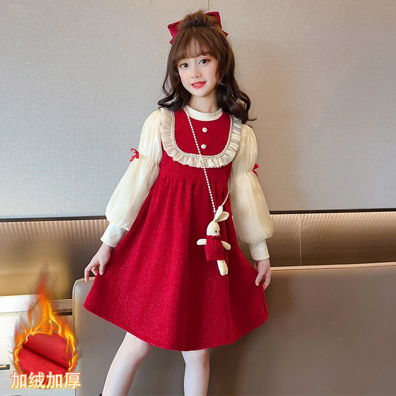 女童连衣裙秋冬款加绒裙子洋气小女孩红色新年套装过年衣服公主裙