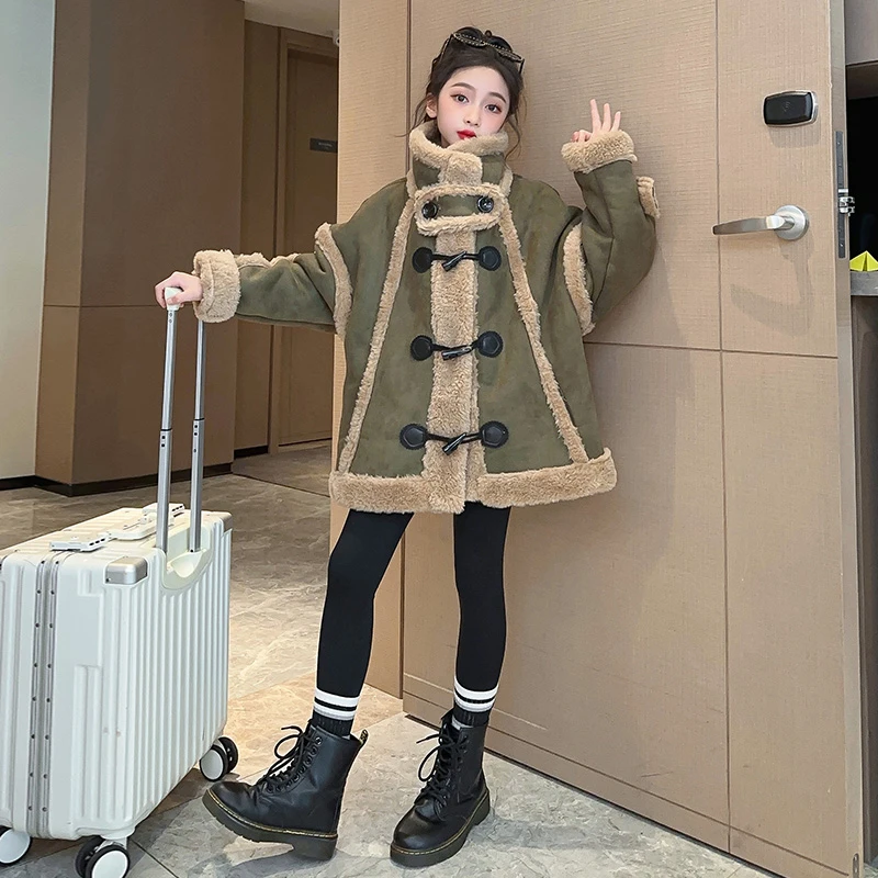 女童加绒外套冬装2023新款中大童加厚皮毛一体大衣中长版宽松冬季