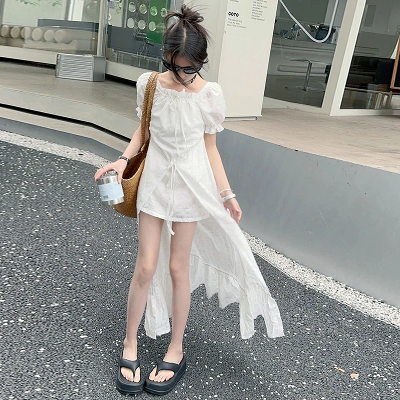 女童白色连衣裙夏季拖尾裙燕尾长裙2024新款公主裙子沙滩大童女装