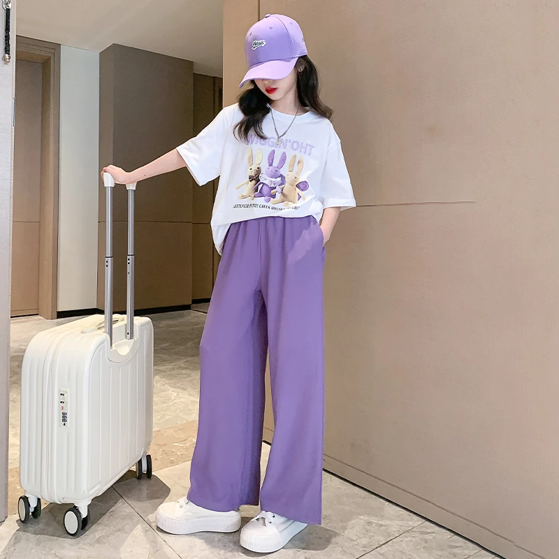女童夏装套装中大童2023新款女孩休闲短袖阔腿裤子两件套宽松薄款
