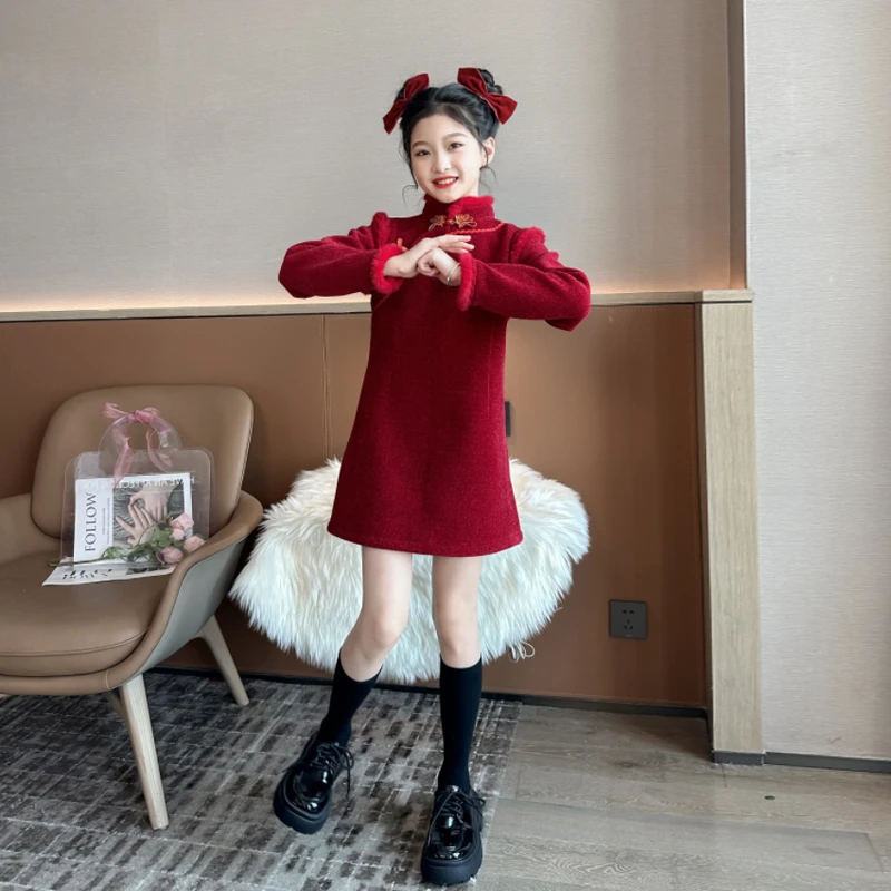 女童加绒裙子秋冬款新年装2024新款中大童洋气拜年服儿童红色裙子