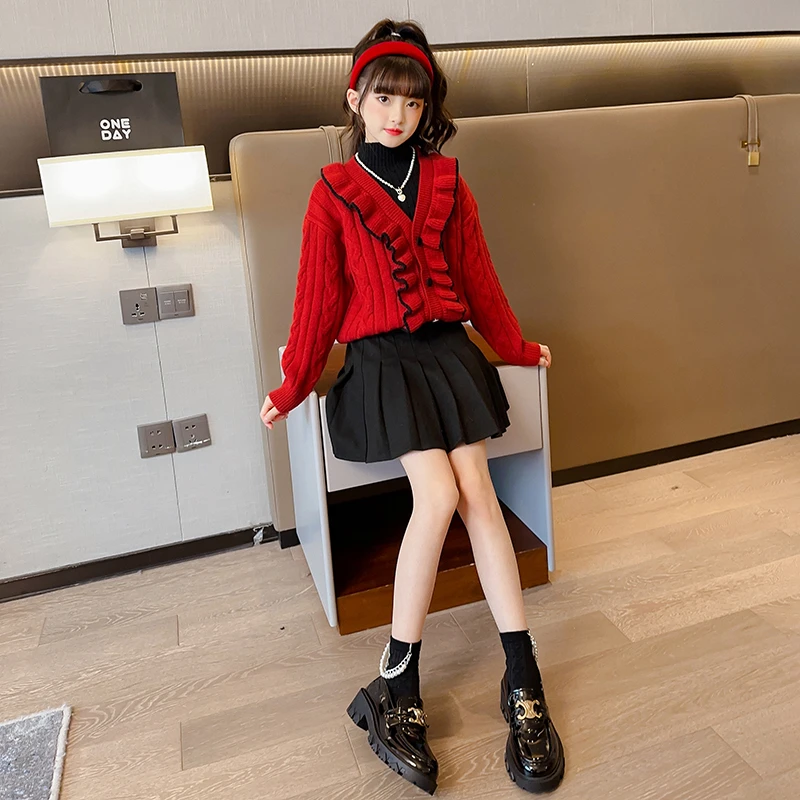 女童毛衣儿童秋冬装网红女孩针织打底衫红色新年喜庆衣服中大童潮