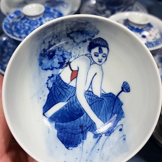 杯手绘青花美女普洱杯
