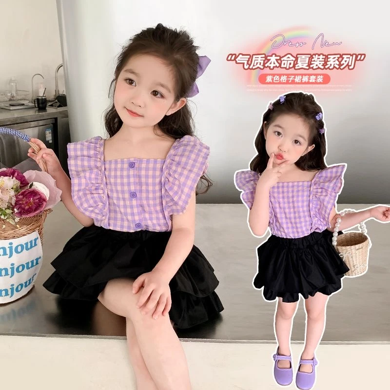 韩范童装女童夏装套装2025新款小女孩夏天飞袖上衣花苞短裤两件套